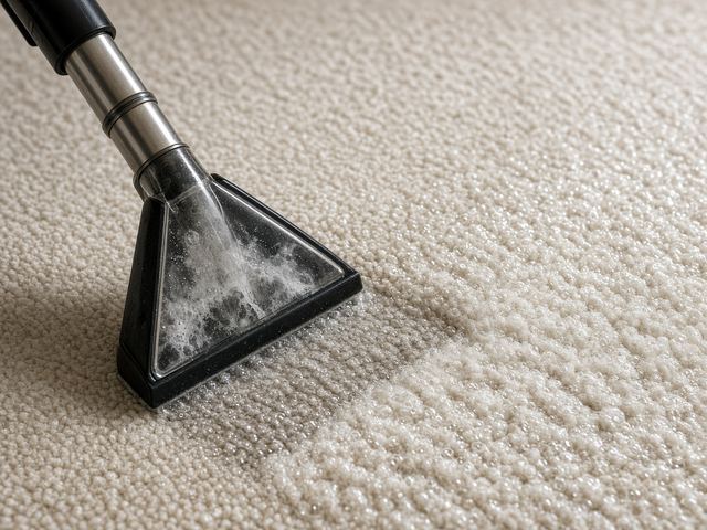 Professional steam-cleaning wand extracting soil from a wool carpet