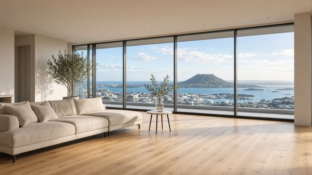 Sunlit Auckland living room after a professional clean, harbour light through floor-to-ceiling glass