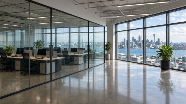 A recently cleaned Auckland commercial office with glass partitions and city views