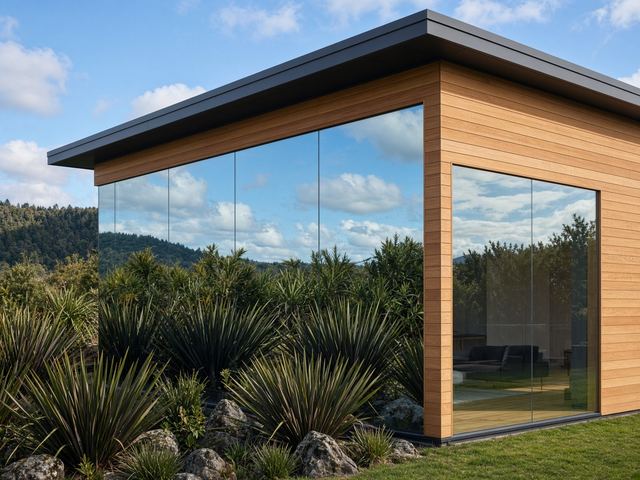 Floor-to-ceiling house windows cleaned to a clear reflection of New Zealand flax and sky